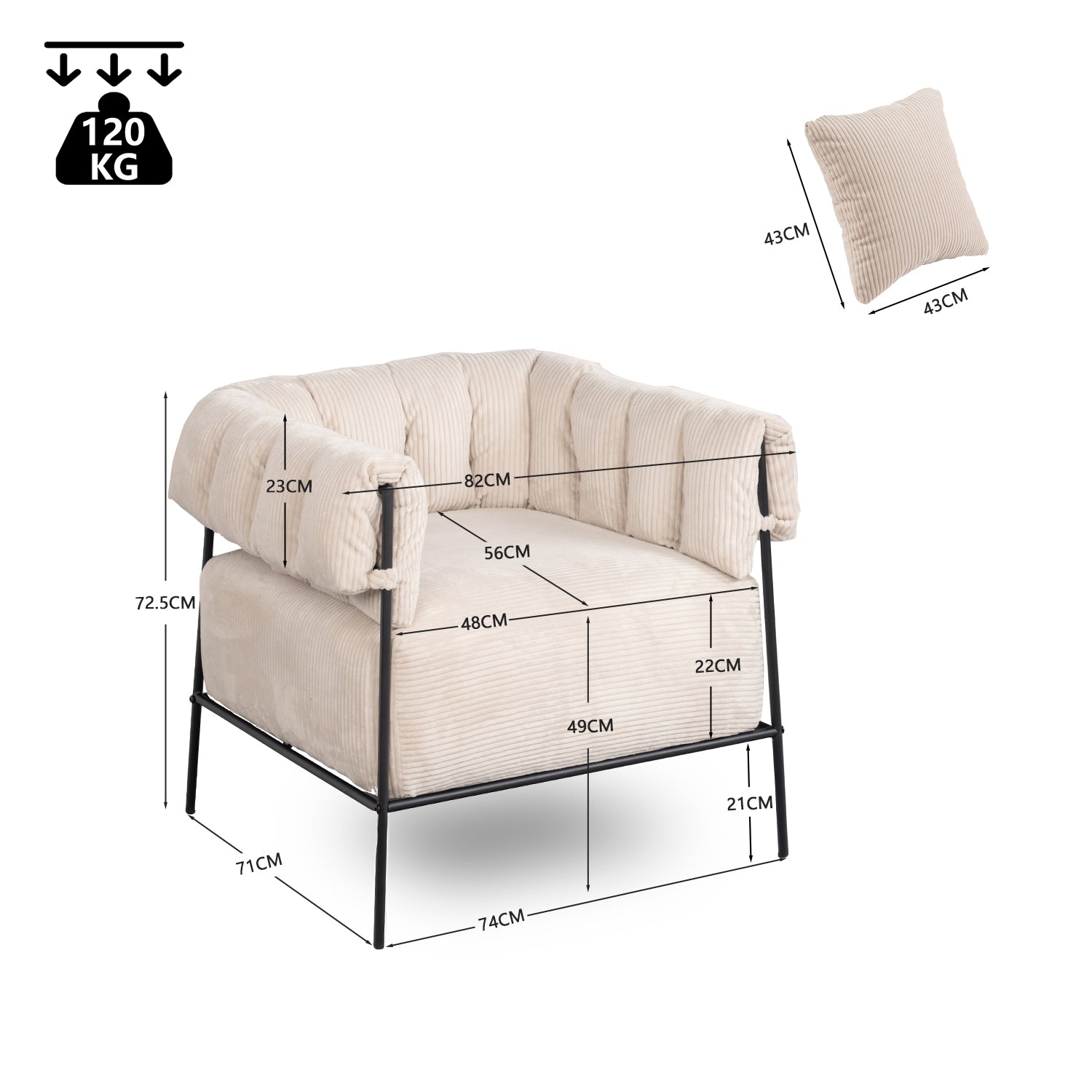 Lounge armchair with armrests in beige corduroy - DOMCO