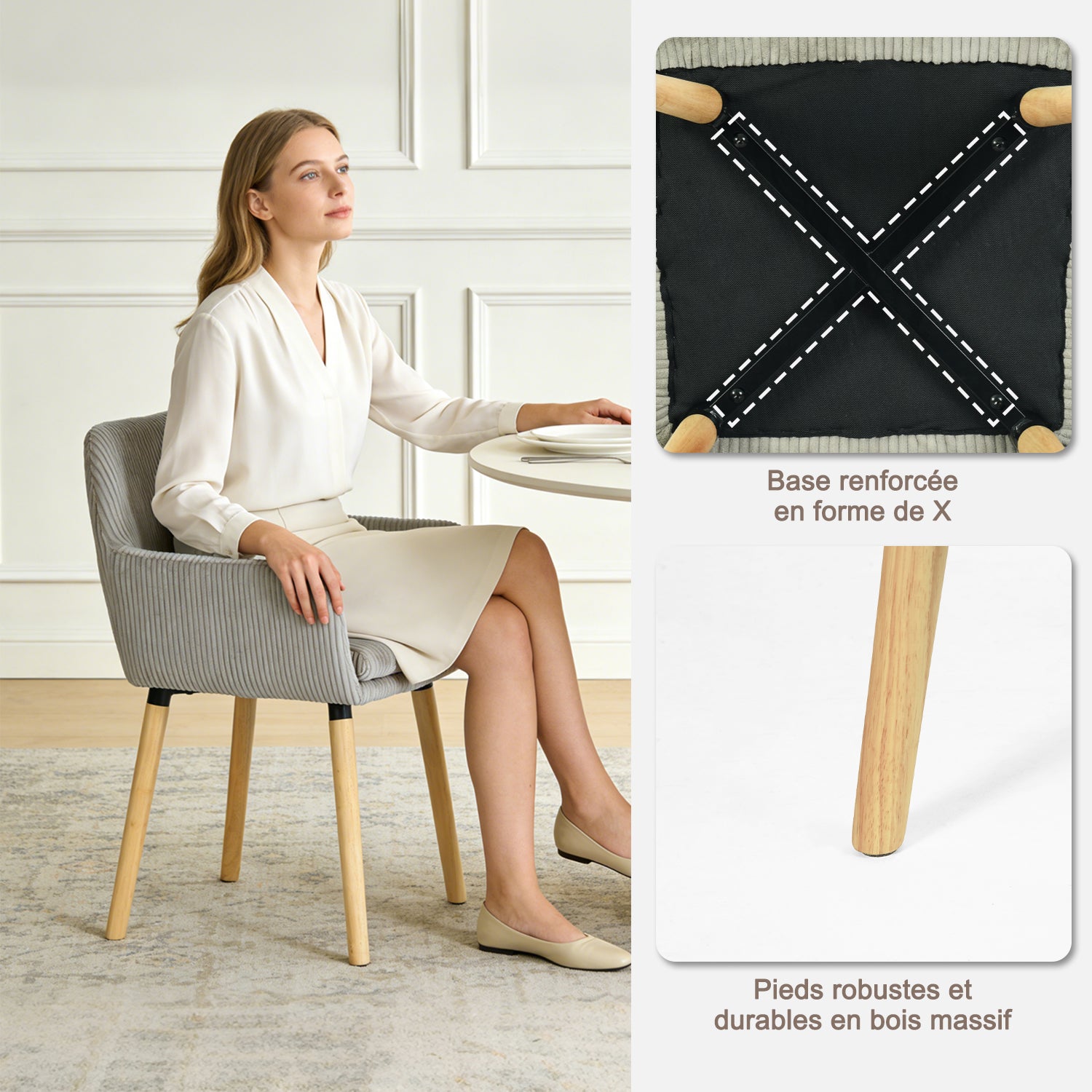 Lot de 4 chaises de salle à manger de style scandinave avec pieds en bois et accoudoirs en velours côtelé gris - ELIA