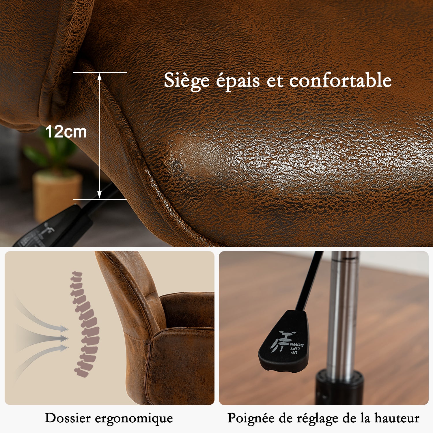 Fauteuil de bureau ergonomique réglable pivotant avec accoudoirs en suédine - THOMASINA