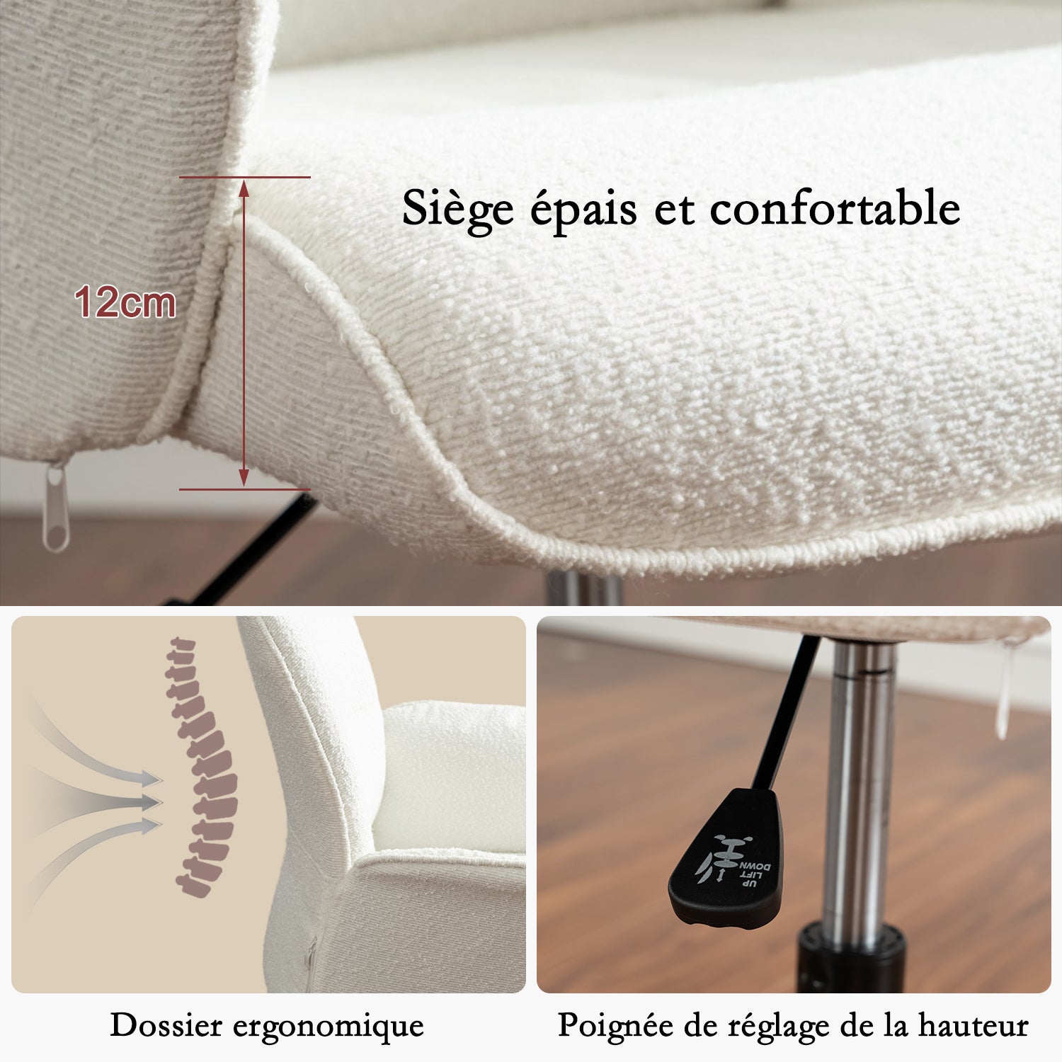 Fauteuil de bureau ergonomique réglable pivotant avec accoudoirs en tissu bouclette blanc - THOMASINA
