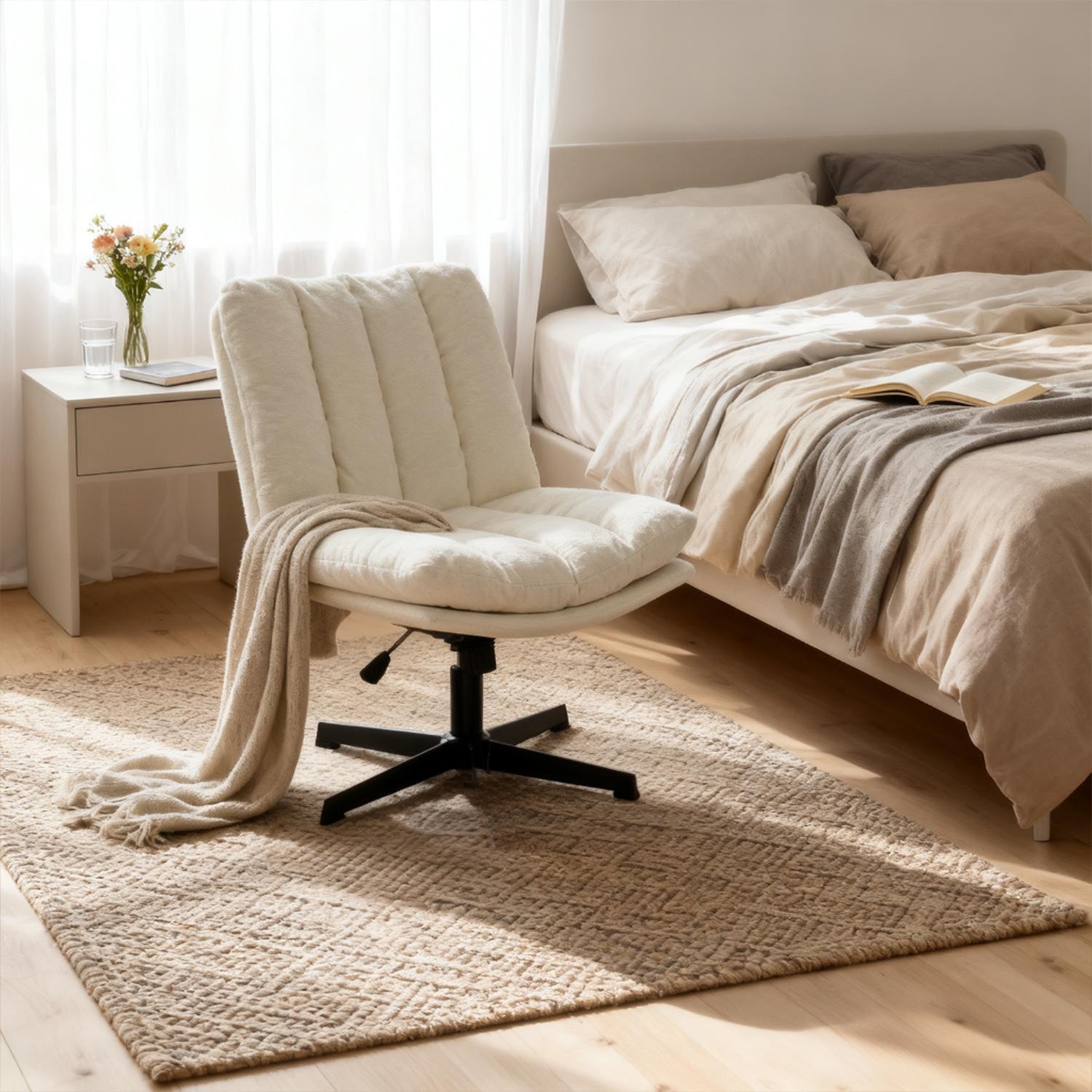 Fauteuil de relaxation réglable et pivotant avec accoudoirs et assise épaisse en chenille beige - CONFOD