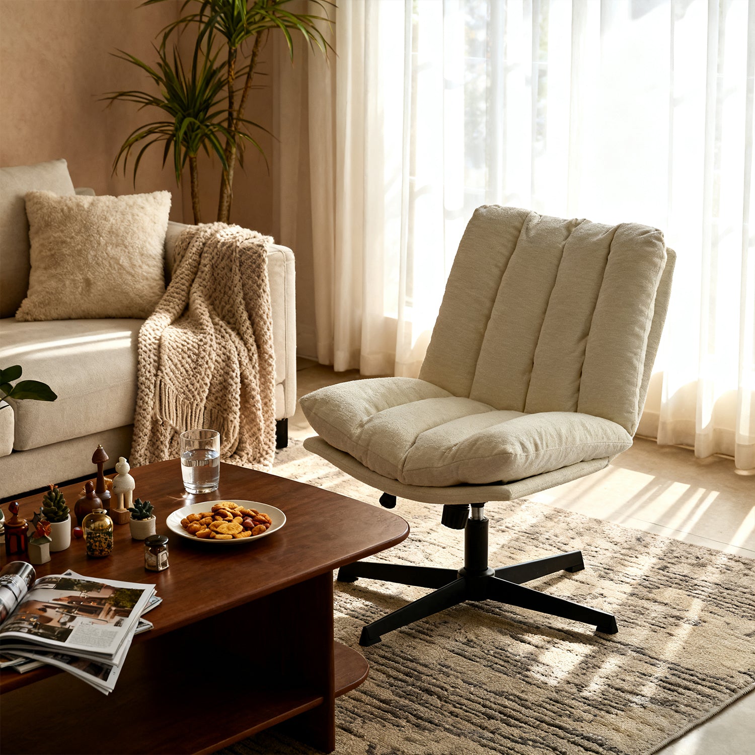 Fauteuil de relaxation réglable et pivotant avec accoudoirs et assise épaisse en chenille beige - CONFOD