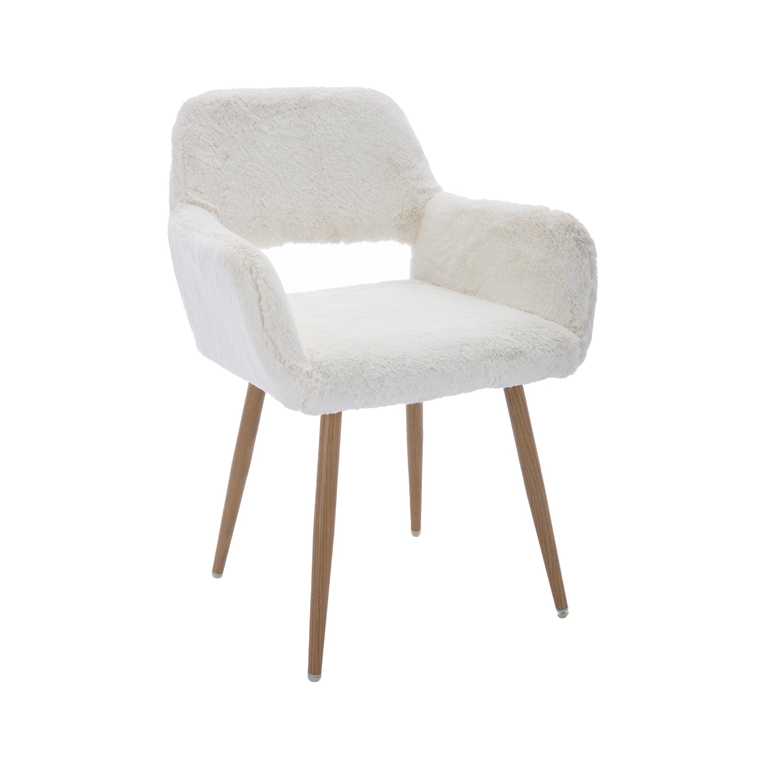 Chaise de salle à manger de style scandinave en fausse fourrure blanche avec pieds en métal effet bois