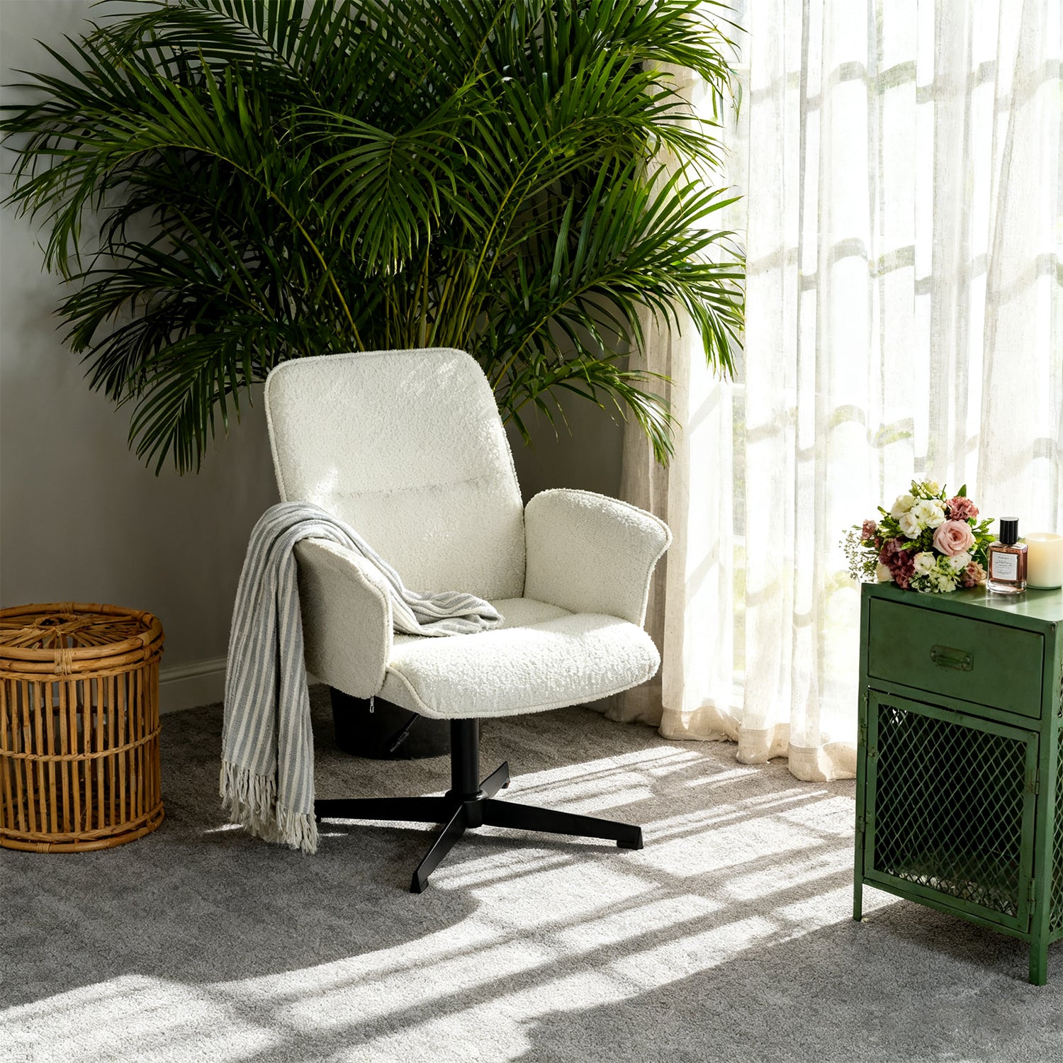 Fauteuil de bureau ergonomique réglable pivotant avec accoudoirs en tissu bouclette blanc - THOMASINA