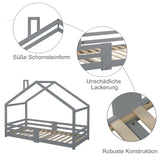 Lit cabane enfant 90x200 cm bois massif gris avec barrière anti-chute et sommier à lattes