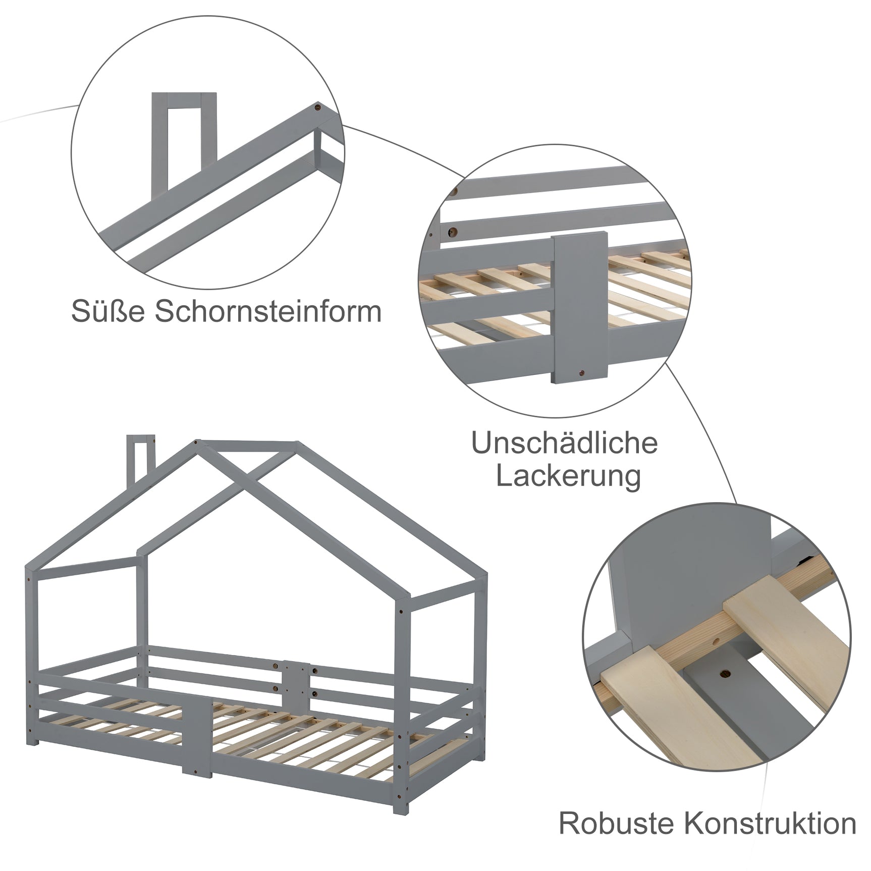 Lit cabane enfant 90x200 cm bois massif gris avec barrière anti-chute et sommier à lattes