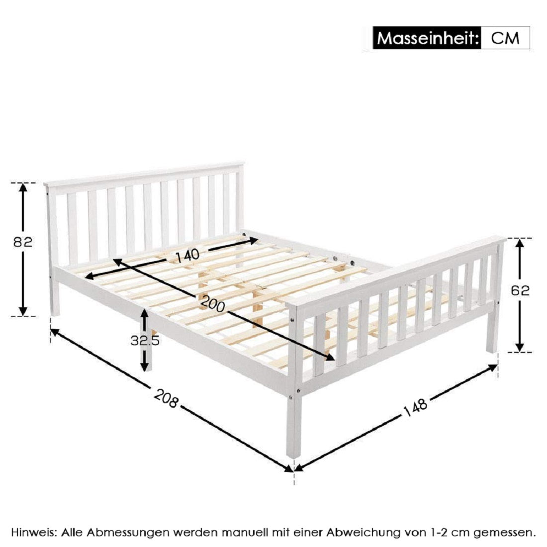 Lit double 140x200 cm en bois massif de pin blanc avec sommier à lattes â€?Design robuste et élégant pour adultes et enfants (sans matelas)