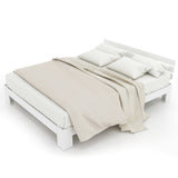 Lit double 140x200 cm en bois massif de pin blanc avec sommier à lattes et tête de lit, design rustique et compact (sans matelas)