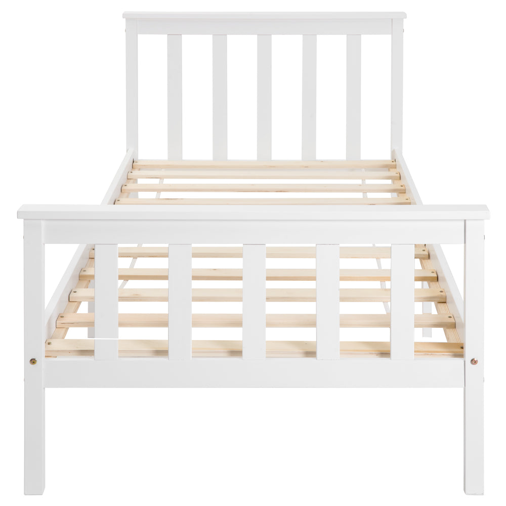 Lit simple 90x200 cm blanc en bois massif de pin avec sommier à lattes et tête de lit (sans matelas)
