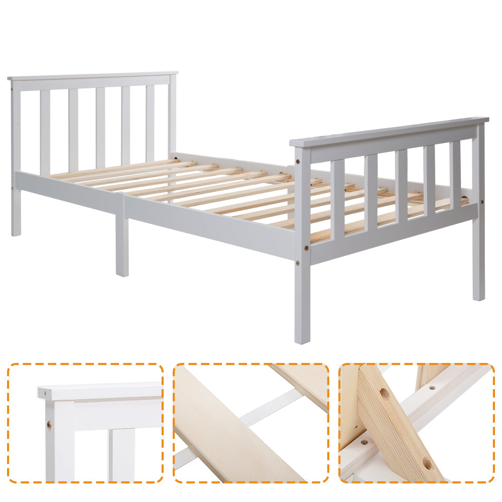 Lit simple 90x200 cm blanc en bois massif de pin avec sommier à lattes et tête de lit (sans matelas)
