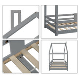 Lit cabane enfant 90x200 cm bois massif gris avec barrière anti-chute et sommier à lattes