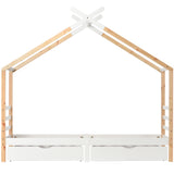 Lit cabane enfant 90x200 cm blanc et bois en bois massif avec sommier à lattes et 2 tiroirs de rangement (sans matelas)