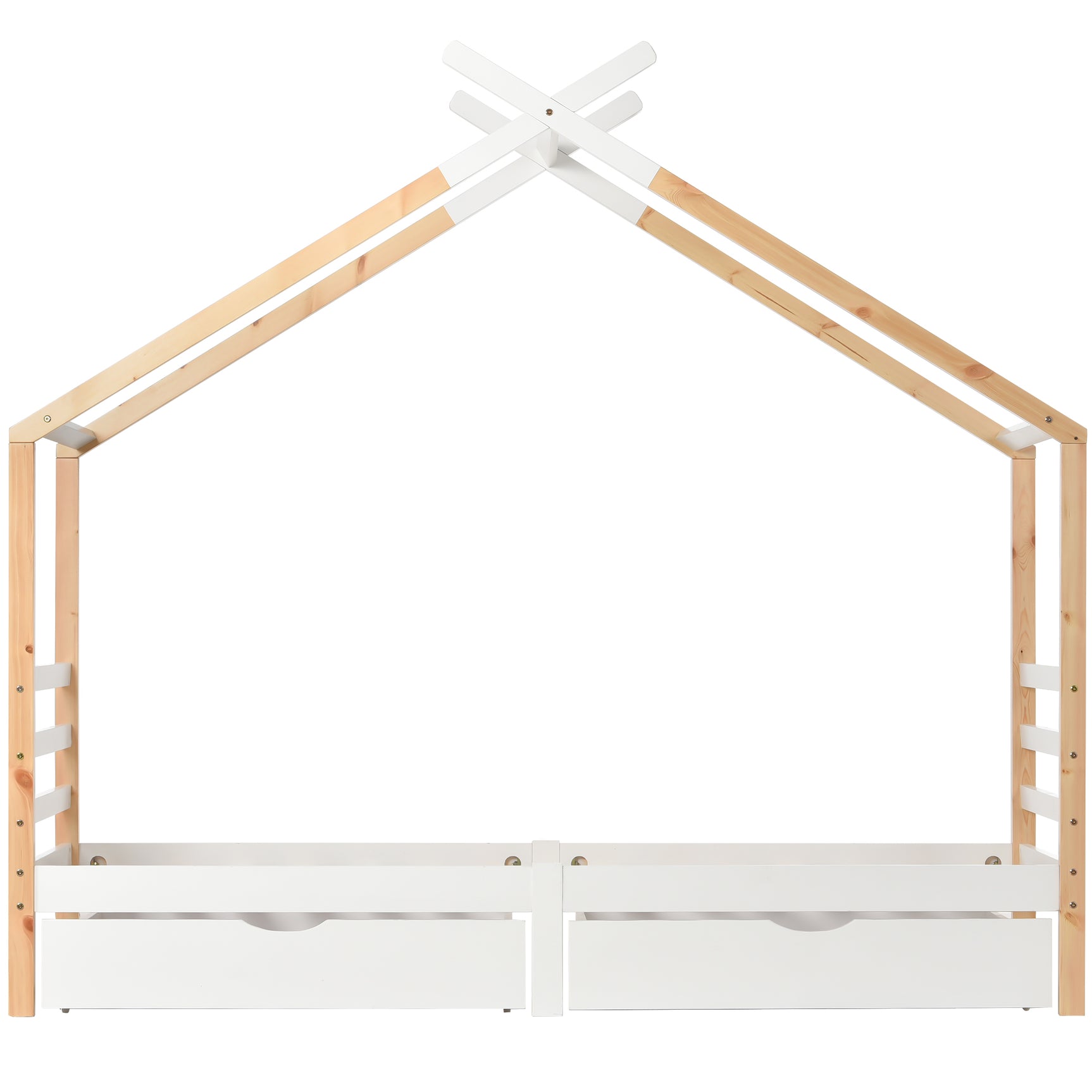 Lit cabane enfant 90x200 cm blanc et bois en bois massif avec sommier à lattes et 2 tiroirs de rangement (sans matelas)
