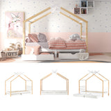 Lit cabane enfant 90x200 cm blanc et bois en bois massif avec sommier à lattes et 2 tiroirs de rangement (sans matelas)