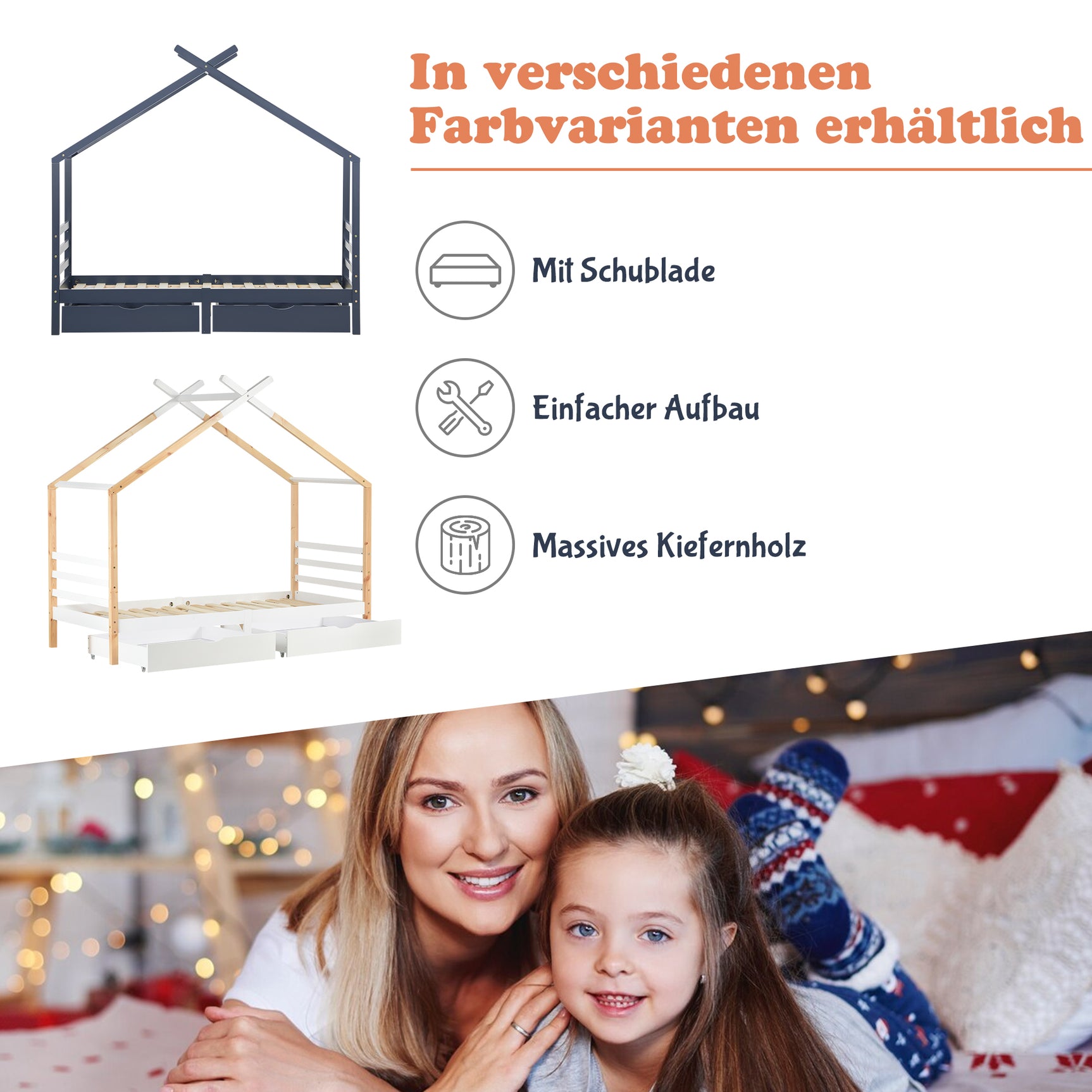 Lit cabane enfant 90x200 cm blanc et bois en bois massif avec sommier à lattes et 2 tiroirs de rangement (sans matelas)