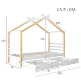 Lit cabane enfant 90x200 cm blanc et bois en bois massif avec sommier à lattes et 2 tiroirs de rangement (sans matelas)