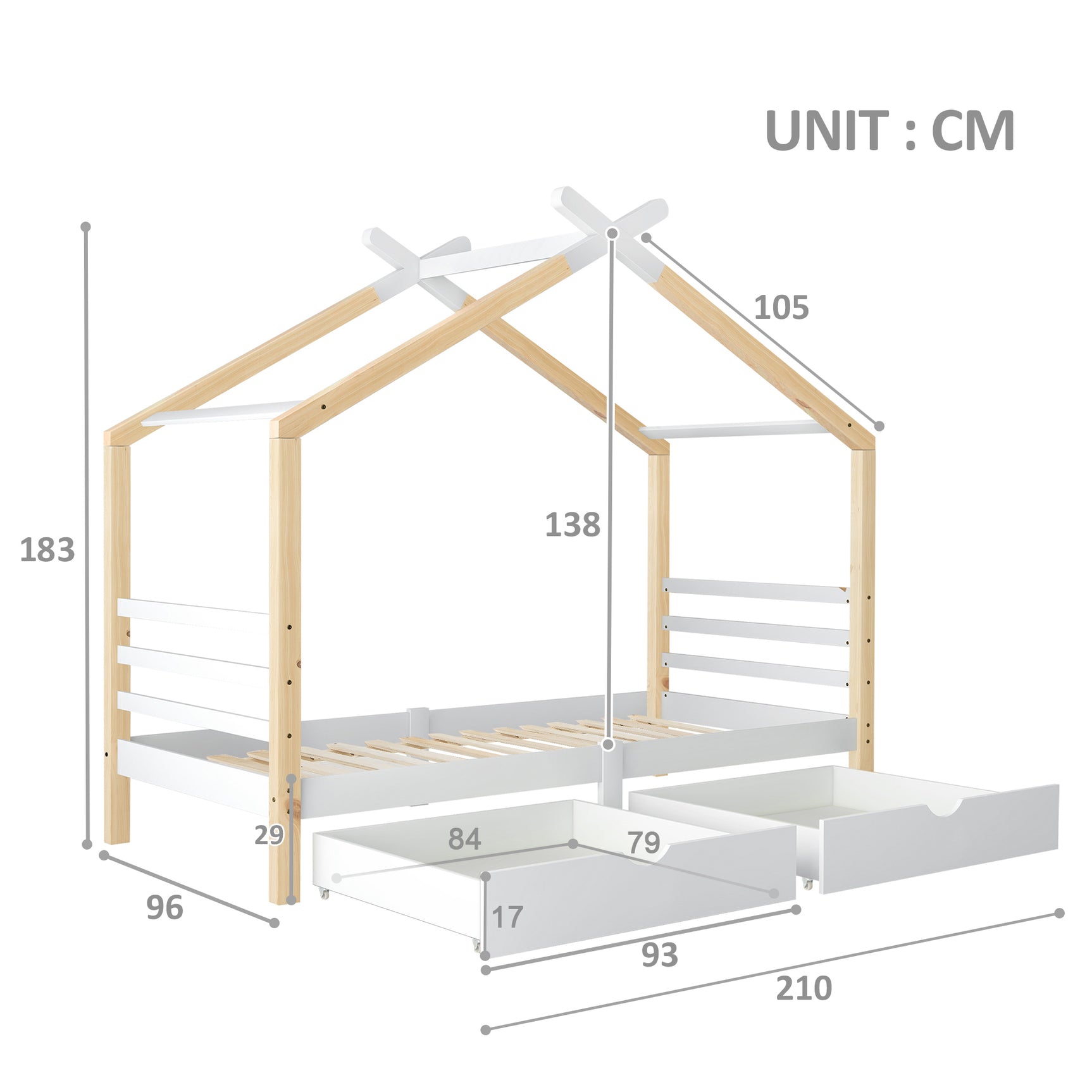 Lit cabane enfant 90x200 cm blanc et bois en bois massif avec sommier à lattes et 2 tiroirs de rangement (sans matelas)
