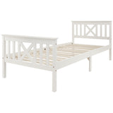 Lit simple 90x200 cm blanc en bois massif de pin avec sommier à lattes et tête de lit (sans matelas)