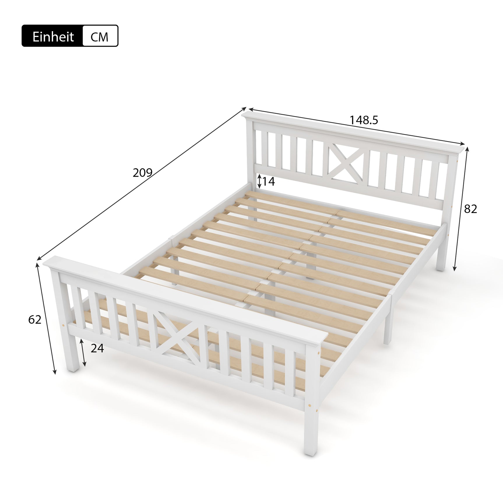 Lit double 140x200 cm blanc en bois massif de pin avec sommier à lattes et tête de lit (sans matelas)