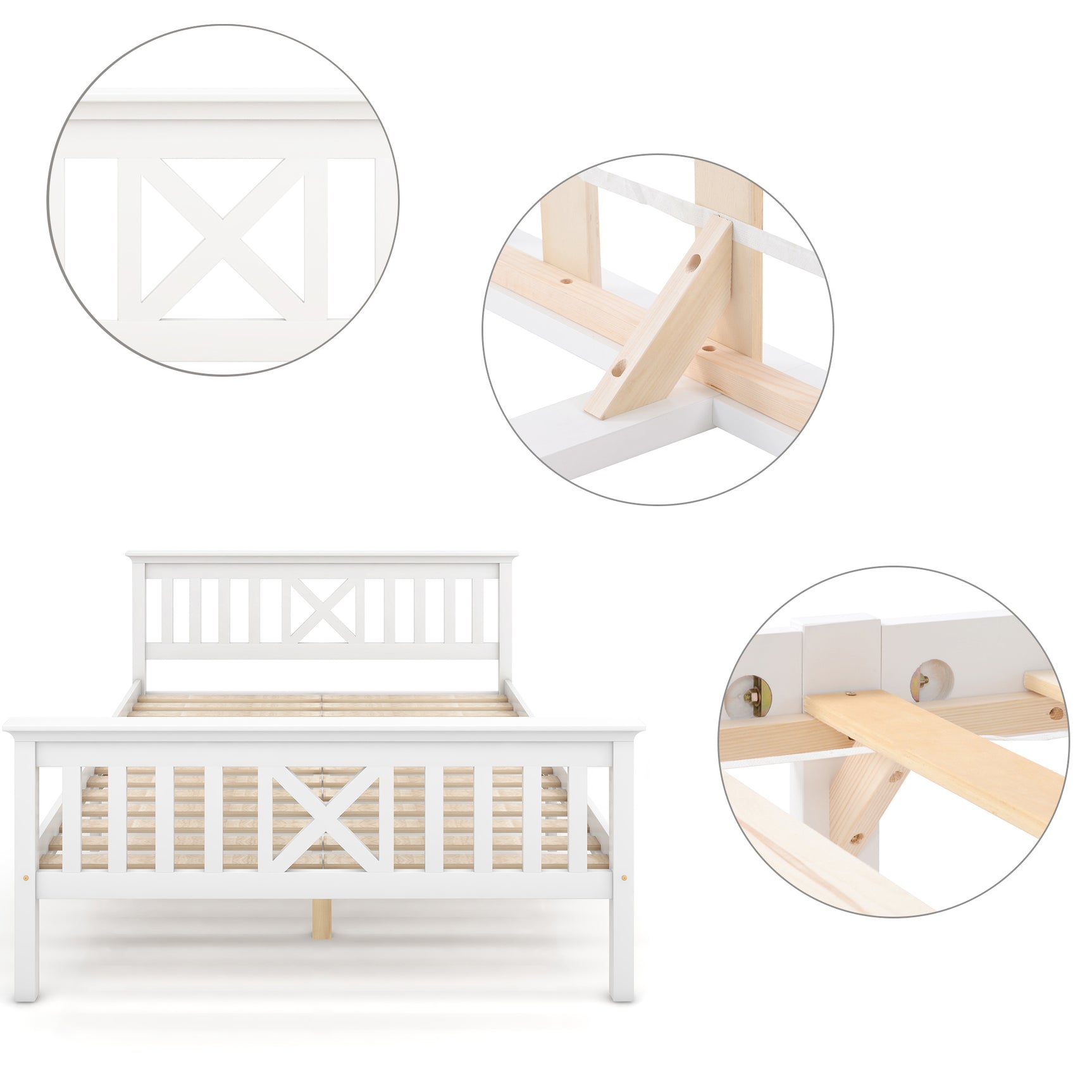 Lit simple 90x200 cm blanc en bois massif de pin avec sommier à lattes et tête de lit (sans matelas)