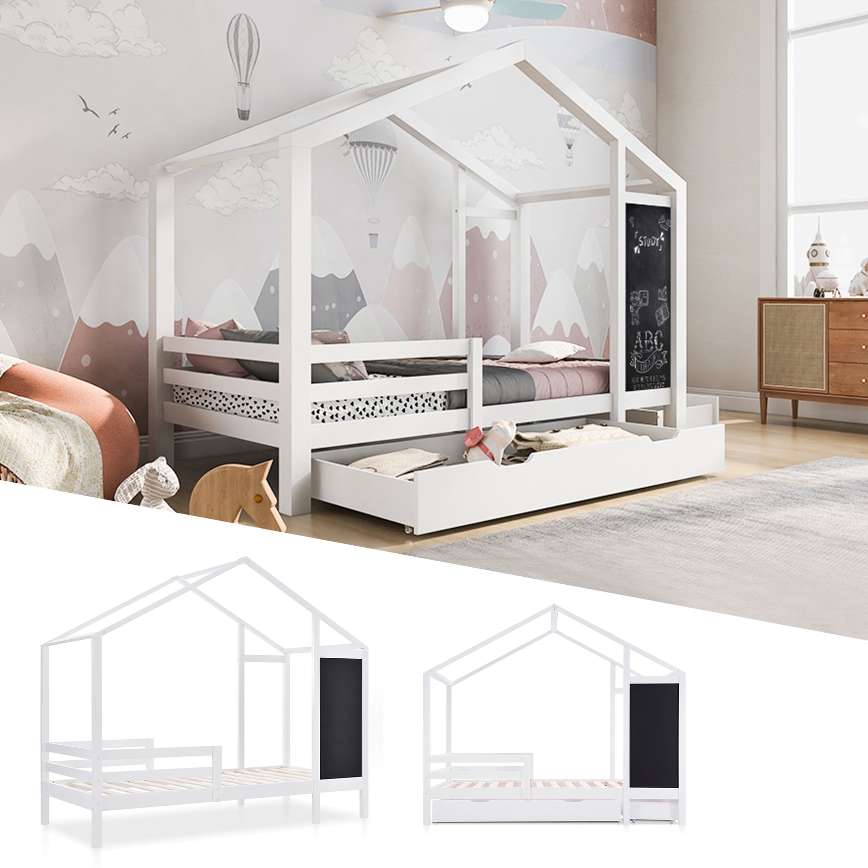 Lit cabane enfant 90×200 cm en bois massif blanc avec tableau, 2 tiroirs, sommier à lattes et barrières de sécurité (sans matelas)