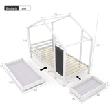 Lit cabane enfant 90×200 cm en bois massif blanc avec tableau, 2 tiroirs, sommier à lattes et barrières de sécurité (sans matelas)