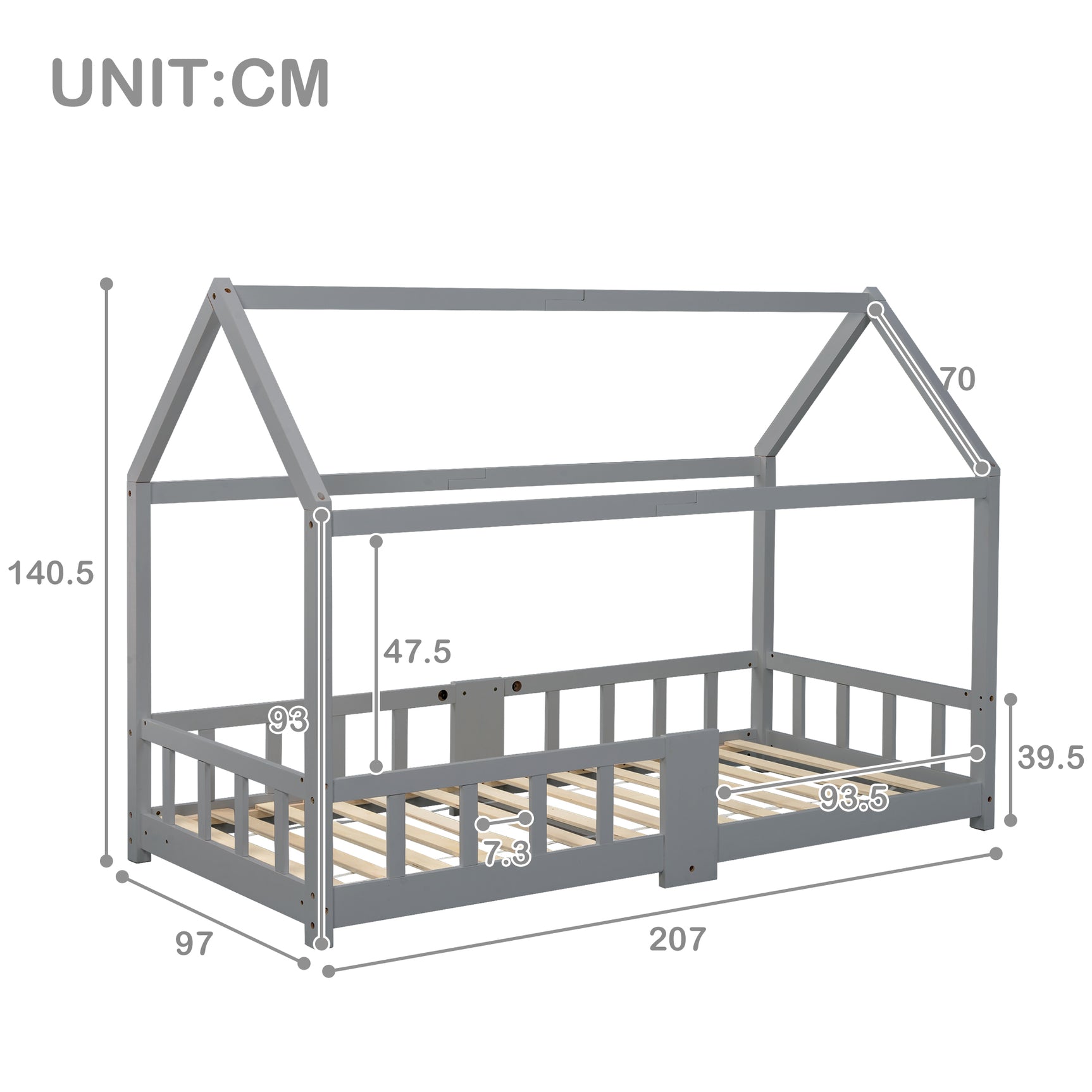 Cabin bed children 90x200 cm Gray in solid wood with blackboard, slatted base and safety barriers, without mattresses