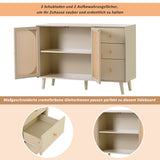 Buffet de salon et salle à manger en blanc cassé avec portes en rotin et 3 tiroirs, meuble de rangement moderne 120 cm de large
