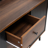 Modernes Sideboard in Schwarz und Holz mit 3 Schubladen und gerippten Schiebetüren