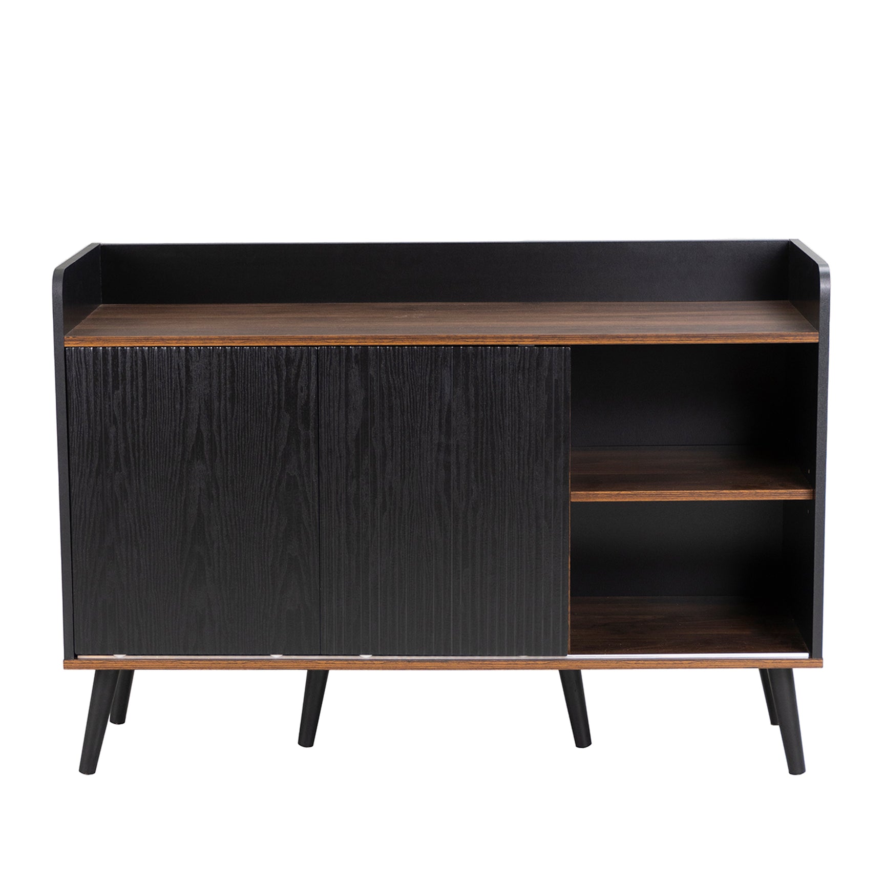 Modernes Sideboard in Schwarz und Holz mit 3 Schubladen und gerippten Schiebetüren