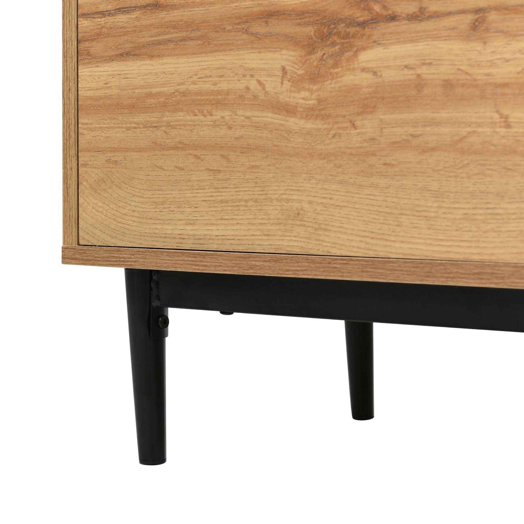 Buffet bas moderne 160 cm en bois naturel avec 3 portes, étagères réglables et pieds noirs ââ‚?160 x 35 x 76 cm