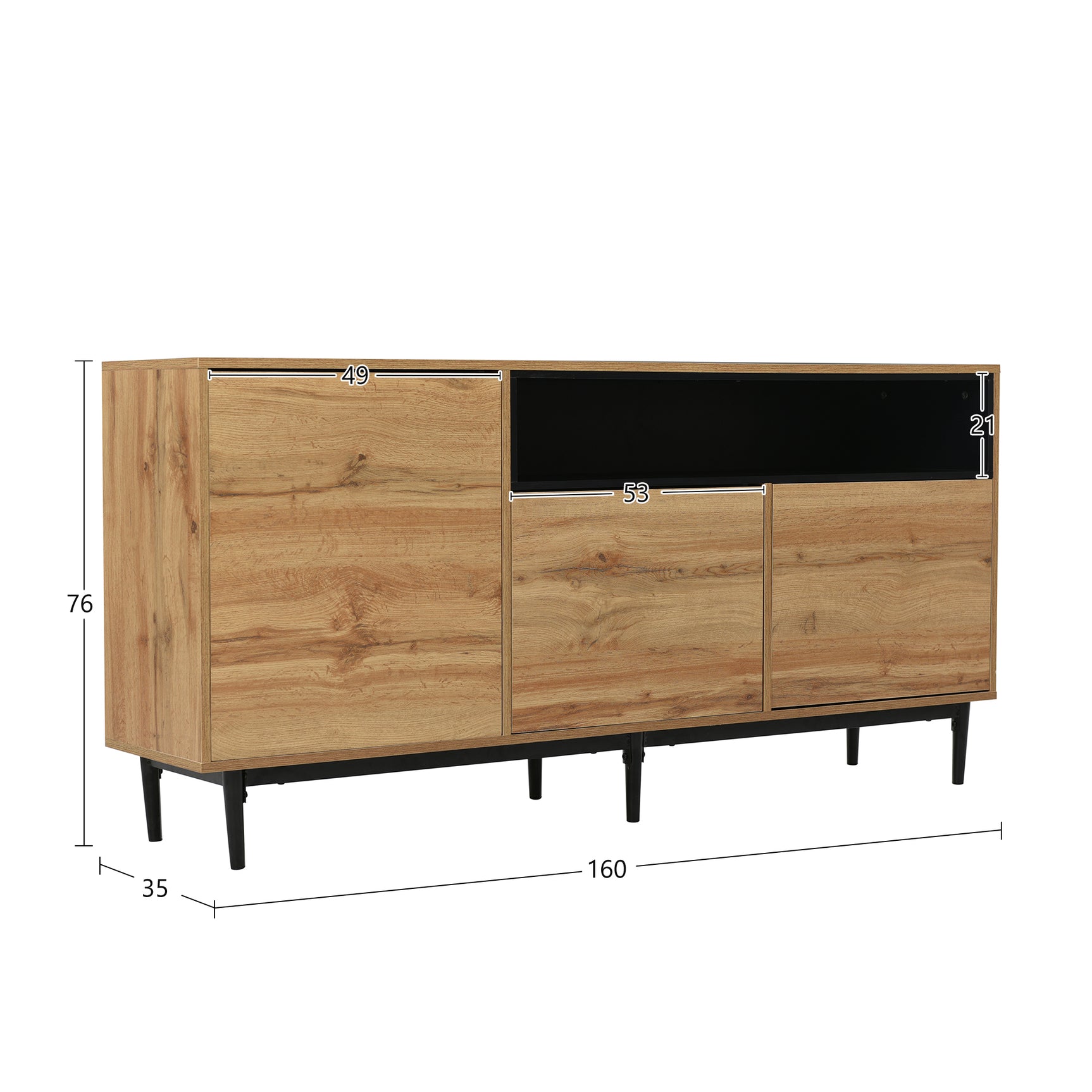 Buffet bas moderne 160 cm en bois naturel avec 3 portes, étagères réglables et pieds noirs ââ‚?160 x 35 x 76 cm