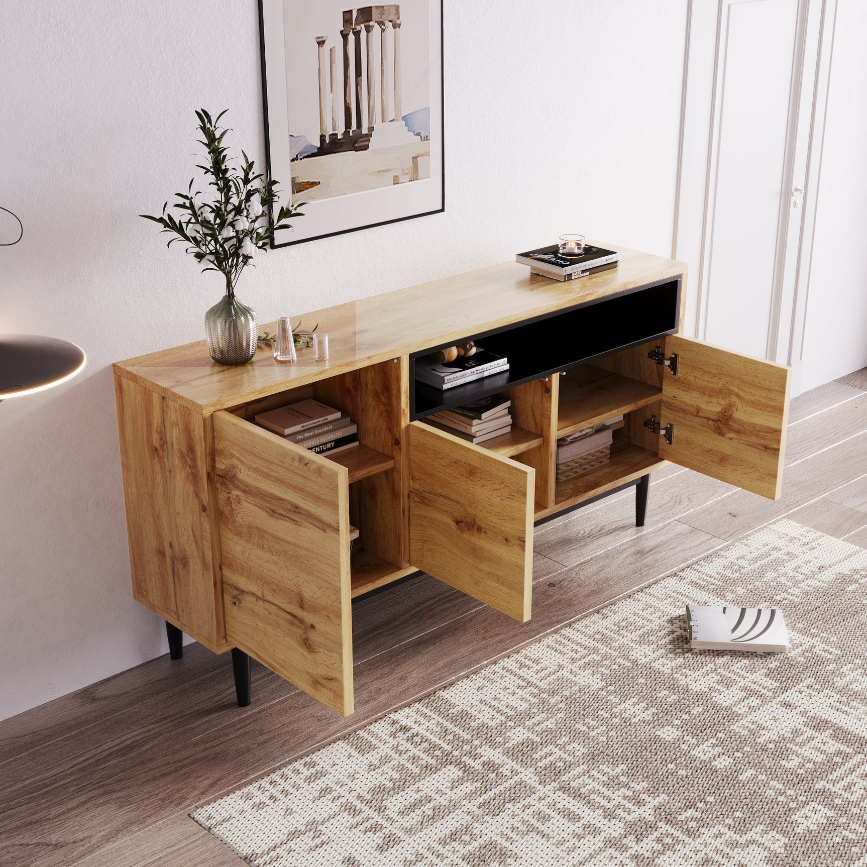 Buffet bas moderne 160 cm en bois naturel avec 3 portes, étagères réglables et pieds noirs ââ‚?160 x 35 x 76 cm