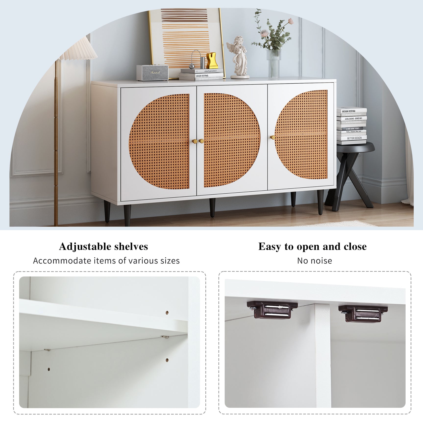 Modernes weißes Buffet mit 3 Rattan -Türen und Metallfüßen