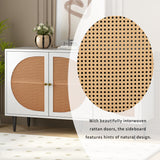 Modernes weißes Buffet mit 3 Rattan -Türen und Metallfüßen