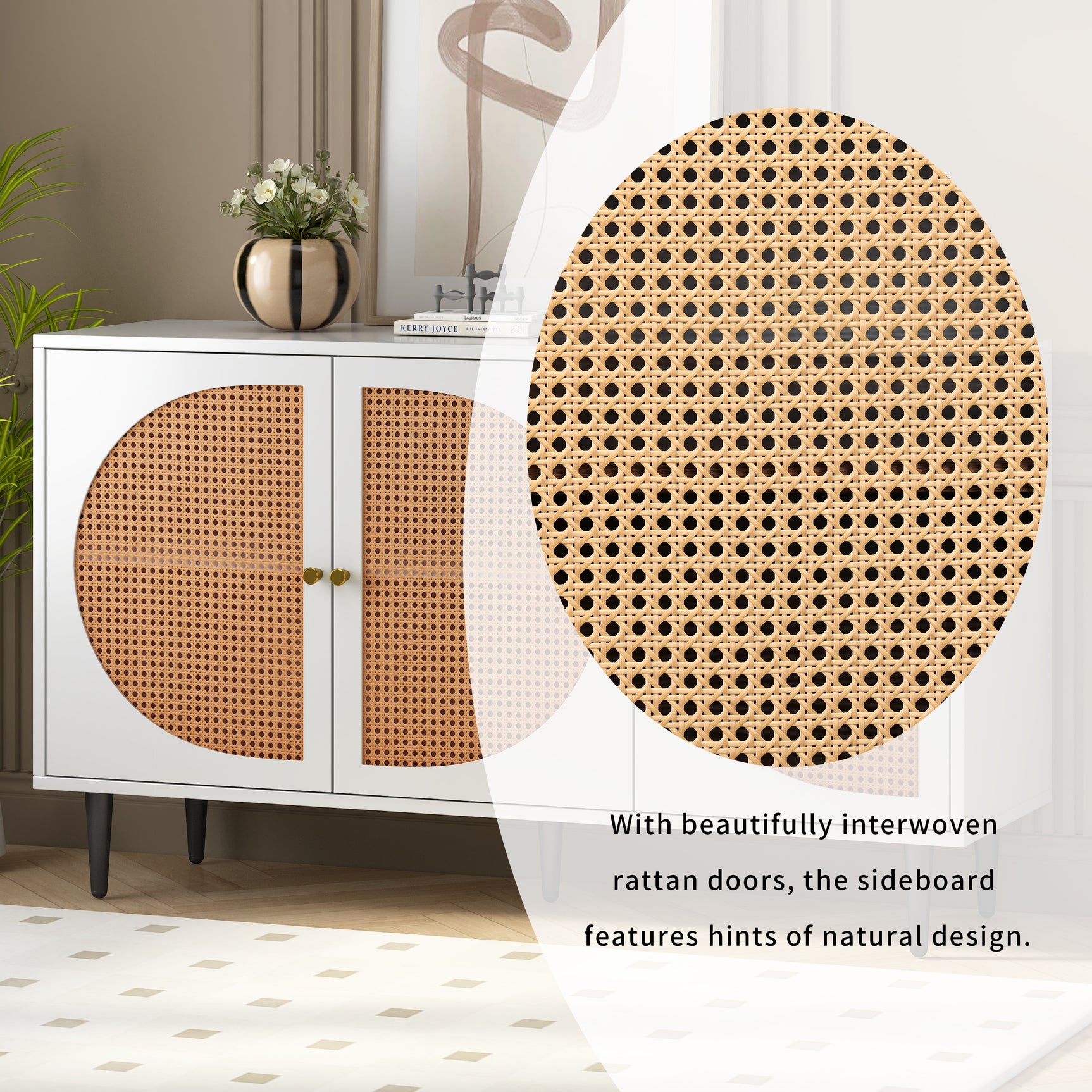 Modernes weißes Buffet mit 3 Rattan -Türen und Metallfüßen