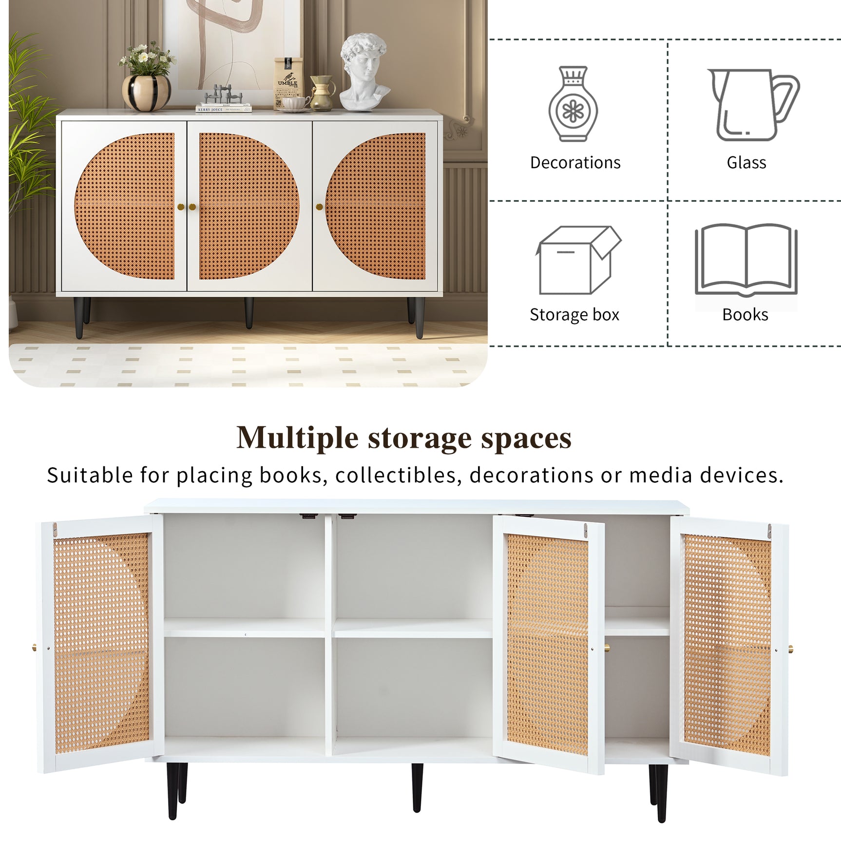 Modernes weißes Buffet mit 3 Rattan -Türen und Metallfüßen