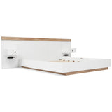 Lit double 140x200 cm avec sommier, tête de lit et 2 tables de chevet LED avec ports USB-C intégrés (sans matelas) , 205x244x90,5 cm