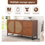 Walnut buffet with 2 rattan doors and 2 drawers