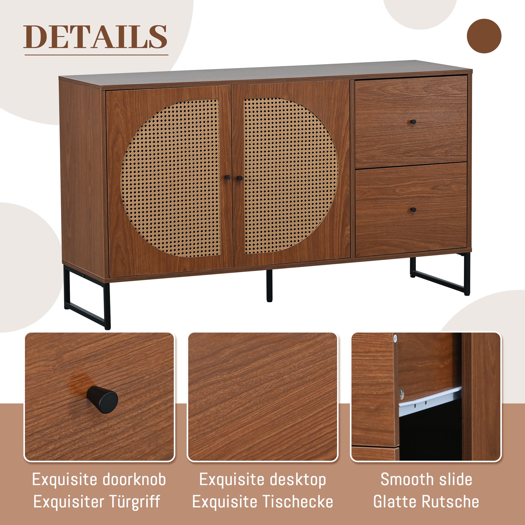 Walnut buffet with 2 rattan doors and 2 drawers