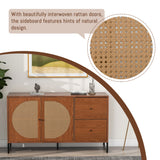 Walnut buffet with 2 rattan doors and 2 drawers