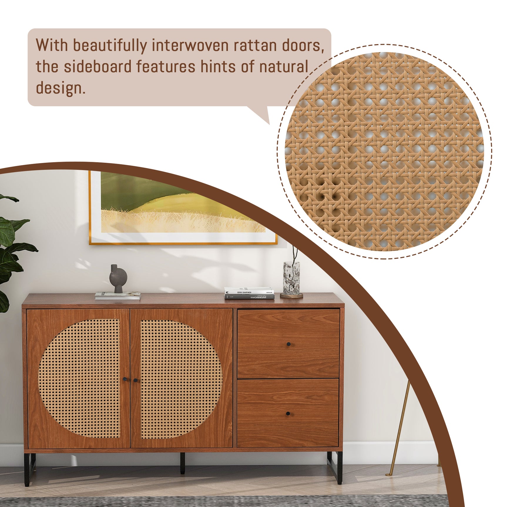 Walnut buffet with 2 rattan doors and 2 drawers