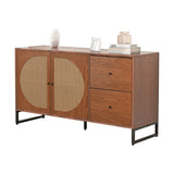 Walnut buffet with 2 rattan doors and 2 drawers