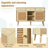 Retro-Sideboard aus Eichenholz mit 3 Schubladen, 3 Rattan-Schiebetüren und verstellbaren Regalen – 120 x 40 x 78 cm