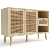 Buffet en bois finition chêne avec 1 tiroir et 2 portes magnétiques en rotin, étagères réglables et pieds en bois massif pour un rangement élégant et pratique. â€?120x40x80 cm