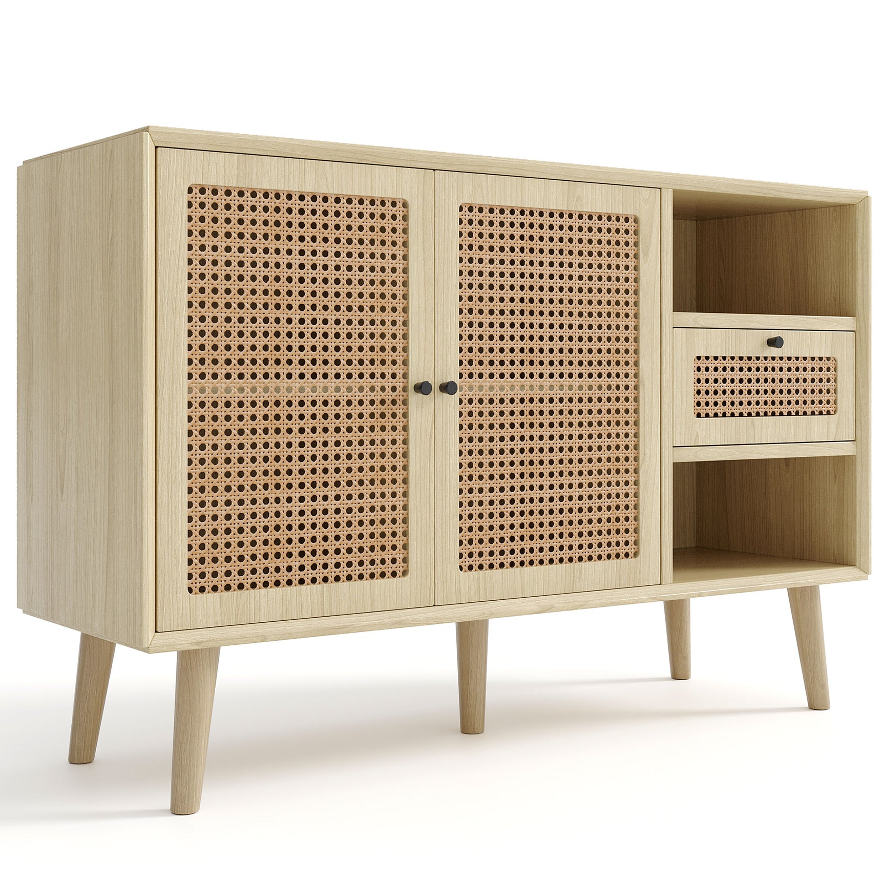 Buffet en bois finition chêne avec 1 tiroir et 2 portes magnétiques en rotin, étagères réglables et pieds en bois massif pour un rangement élégant et pratique. â€?120x40x80 cm