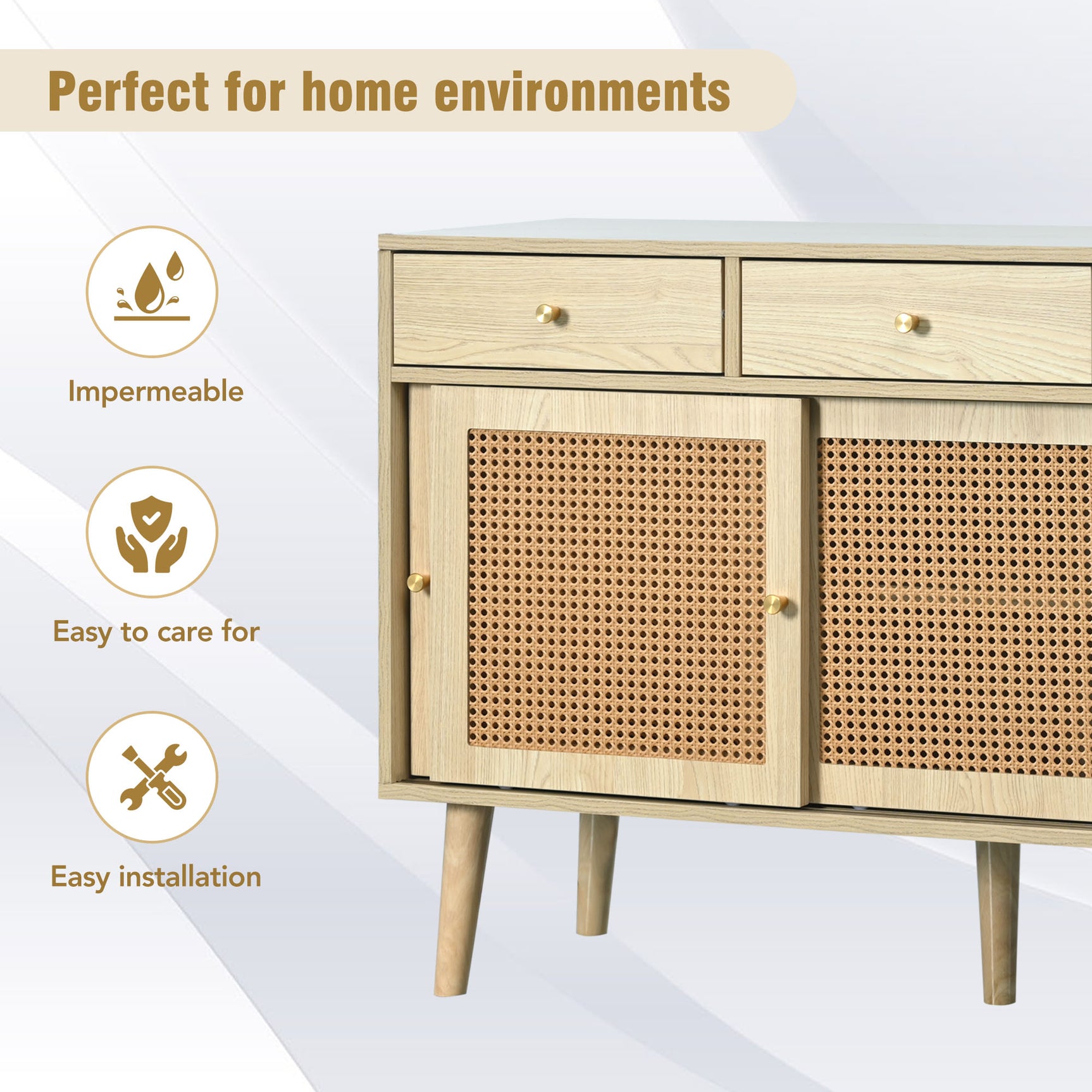 Retro-Sideboard aus Eichenholz mit 3 Schubladen, 3 Rattan-Schiebetüren und verstellbaren Regalen – 120 x 40 x 78 cm