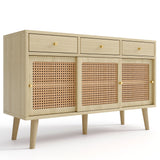 Retro-Sideboard aus Eichenholz mit 3 Schubladen, 3 Rattan-Schiebetüren und verstellbaren Regalen – 120 x 40 x 78 cm
