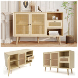 Buffet en bois finition chêne avec 1 tiroir et 2 portes magnétiques en rotin, étagères réglables et pieds en bois massif pour un rangement élégant et pratique. â€?120x40x80 cm
