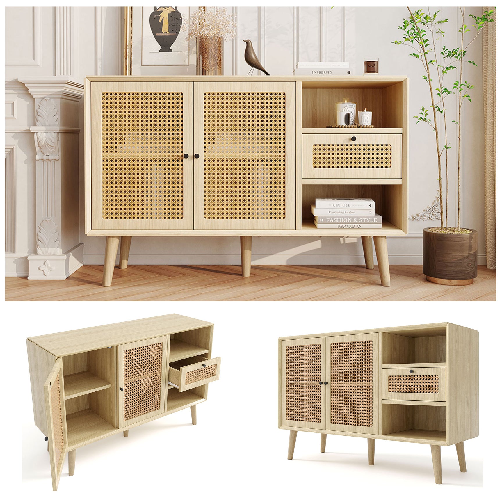 Buffet en bois finition chêne avec 1 tiroir et 2 portes magnétiques en rotin, étagères réglables et pieds en bois massif pour un rangement élégant et pratique. â€?120x40x80 cm
